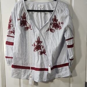 Velvet by Graham & Spencer White Pinstripe Blouse with Red Embroidery